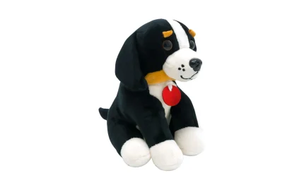 Plush sitting puppy, black and white color, 18 cm