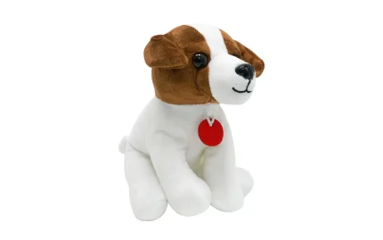 Plush sitting puppy, white-brown color, 18 cm